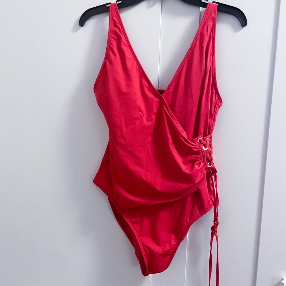 T Tahari Essential Solids Red Ruched One-Piece Swimsuit XL